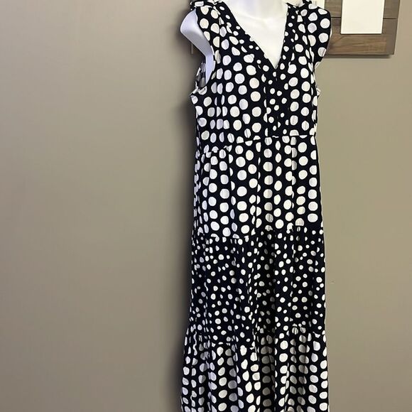 LOFT Navy White Polka Dot V-Neck Ruffled Flowy MIDI Dress- Medium - Picture 3 of 8